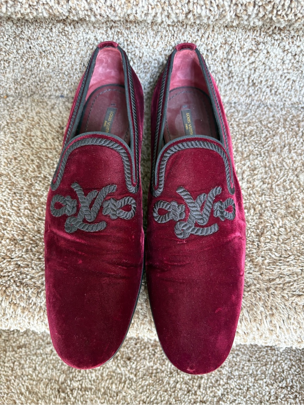 Louis Vuitton Men’s Burgundy Velvet Horsebit Knotted Embroidered Logo Loafers